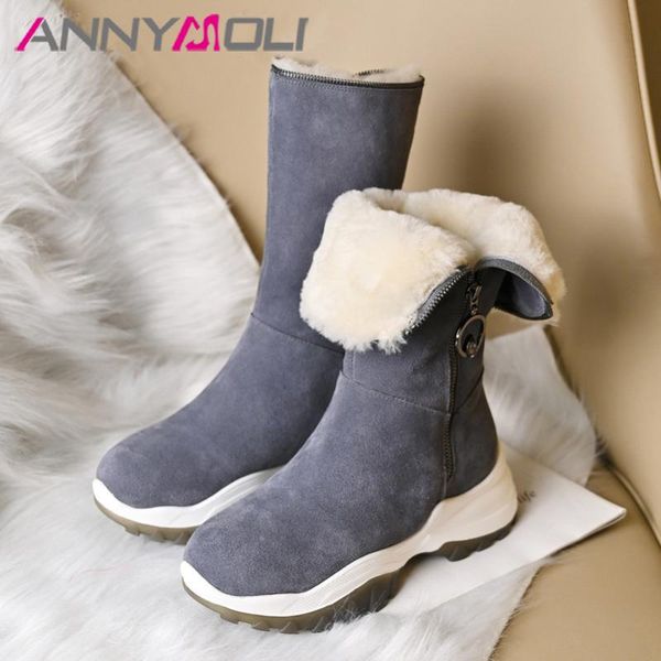 

boots annymoli real wool fur mid calf women genuine leather snow flat platform shoes zip ladies warm winter black 40