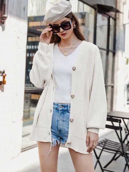 

simplee button front drop shoulder cardigan without bag r3hq#, White