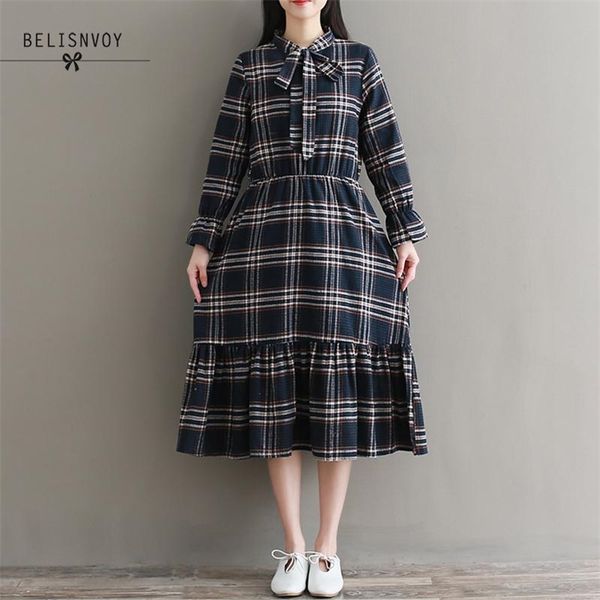 Mori Girl Primavera Autunno Donna Abito Vintage Plaid Classico Ruffles Abiti da festa Elegante Chic Party Lady Abiti longuette 210520