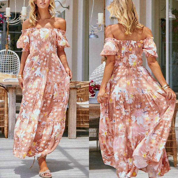 

2021 new printed off shoulder mid sleeve dress chiffon long dress, White