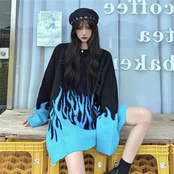 

women sweaters streetwear loose plus size flame color matching o neck knitted sweater pullover men hip hop black pullovers women's, White;black