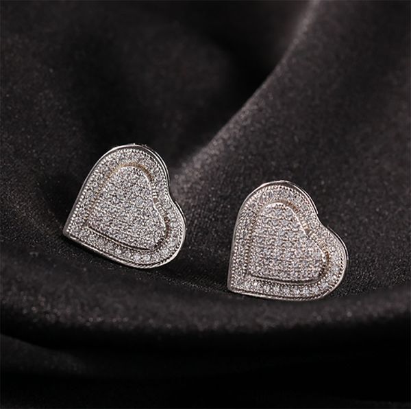 

925 silver love heart drop earrings 1 pair iced out earrings micro pave cubic zircon earring men women fashion jewelry for gift, Golden;silver