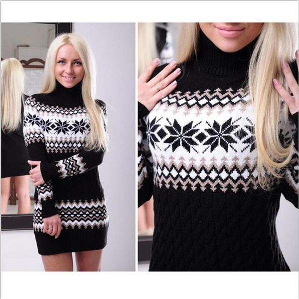 

fashion sweater long sleeve high neck printed women's snowflake pullover, White;black