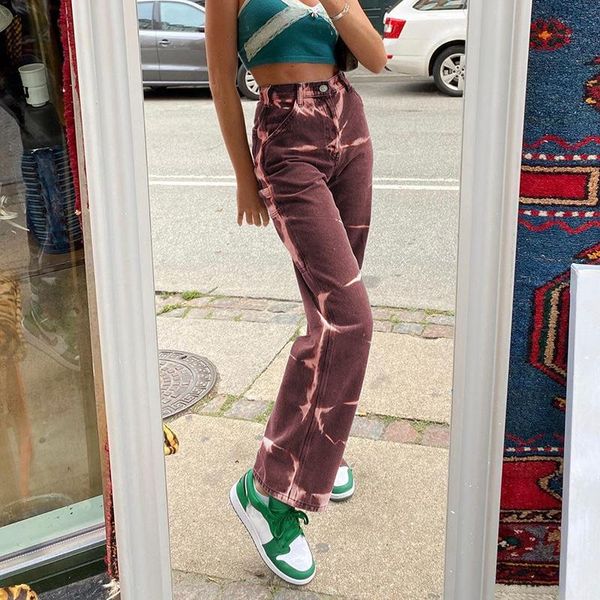 

women's jeans baggy woman y2k pants tie dye straight leg high waist trousers fall winter clothing streetwear vintage brown, Blue