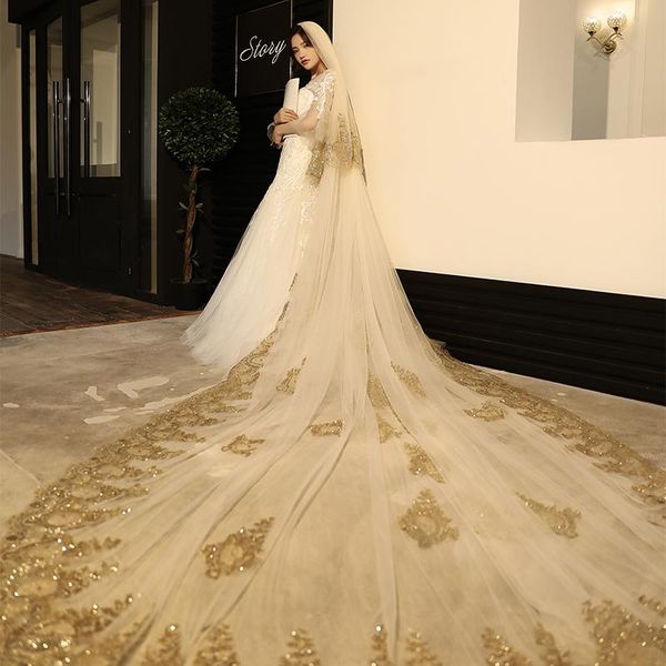 

bridal veils 3.5 m golden lace champagne wedding cathedral two tiers comb, Black