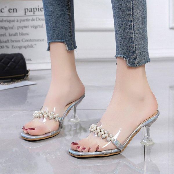 

transparent heel crystal slippers women pearl pvc open toe shoes summer sweet clear slides silver gold, Black