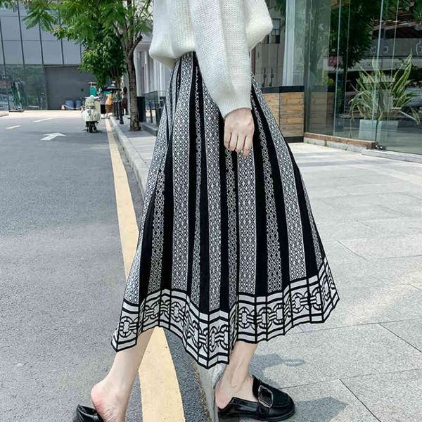 

skirts winter vintage pattern plaid striped a-line knitted long 1hzc, Black