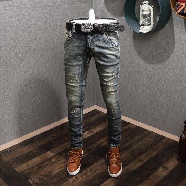 

italian vintage fashion men jeans retro yellow blue ripped for streetwear slim fit distressed denim pants men's