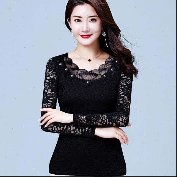 

spring autumn style slim womens blouses lace casual long sleeve o neck embroidery blusas dd8200, White