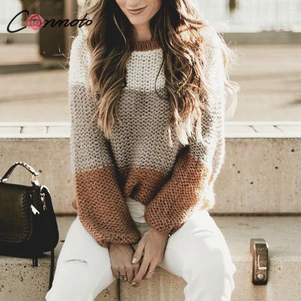 

women's sweaters conmoto 2021 autumn winter women pullover sweater khaki block loose knitted fashion female lantern sleeve jumpers plu, White;black