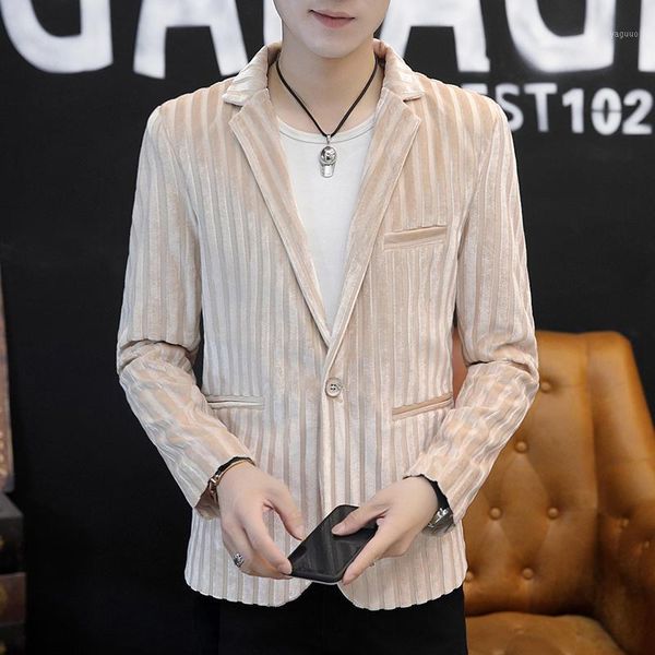 

men's suits & blazers korean style striped velvet blazer men 2021 autumn brand clothing soft solid casual slim fit suit jacket male kha, White;black