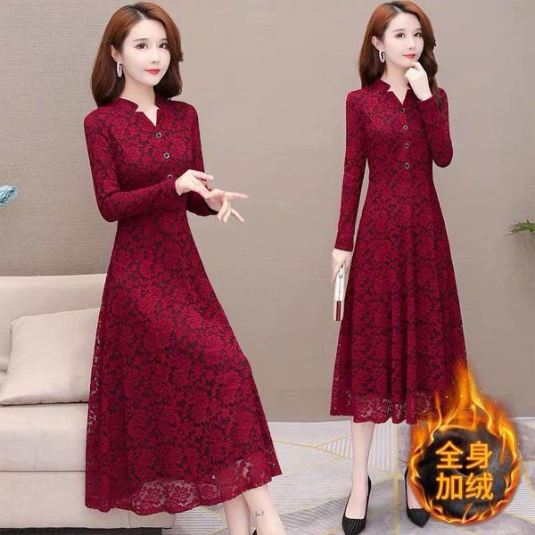 

casual dresses 2021 women's lace elegant dress spring and autumn temperament waist mid-length a-line hollow party ladies, Black;gray