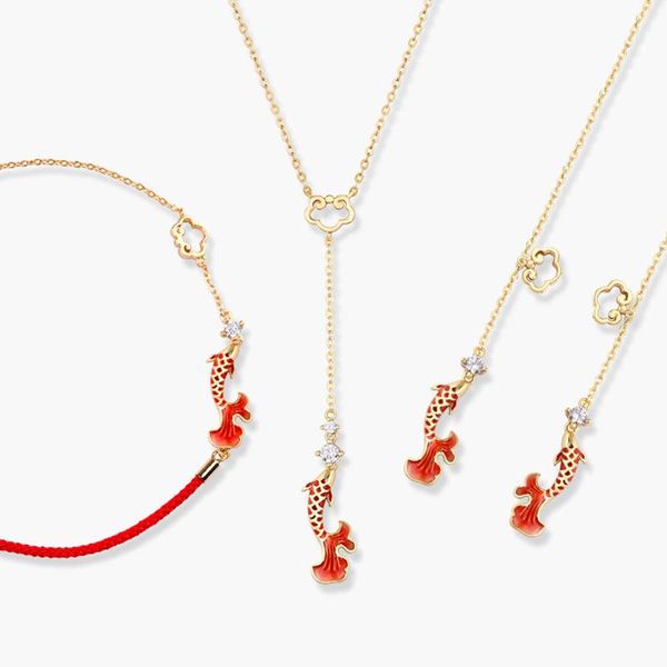 

earrings & necklace chinese style enamel color red koi fish earring female charm elegant necklaces rope bracelets minorities vintage jewelry, Silver