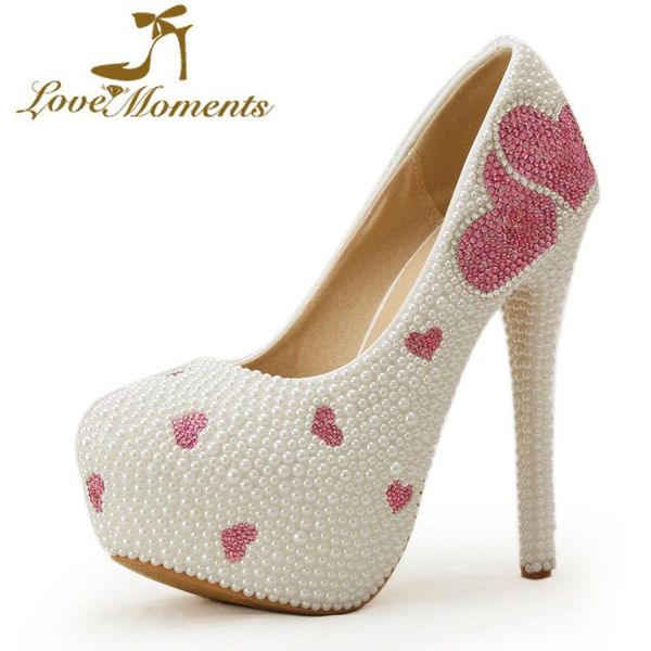 

white pearl wedding shoes crystal pink rhinestone bridal valentine high heels heart shape design cocktail dress pumps, Black