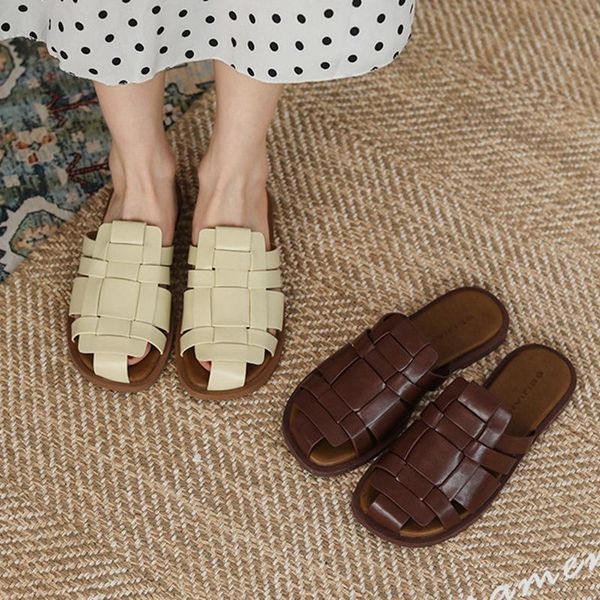 

slippers 2022 spring women mules shoes fashion weave slip on slipper flat heel round toe slides ladies casual outdoor sandals, Black