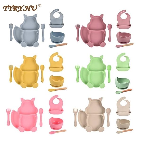 

6pcs silicone baby feeding set squirrel divided dinner tableware sucker bowl spoon fork training food utensil dishes 211026