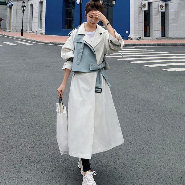 

women's trench coats windbreaker spring autumn loose long cloak casual ladies jacket big size beige blue stitching quality coat female, Tan;black