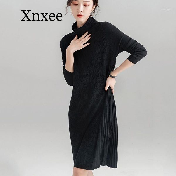

casual dresses elegant turtleneck twist knitted women sweater dress ladies 2021 loose autumn winter female pleated plus, Black;gray