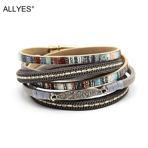 

tennis allyes colorful long leather bracelet for women vintage boho metal rhinestone charm wrap bracelets bangles femme jewelry gifts, Golden;silver