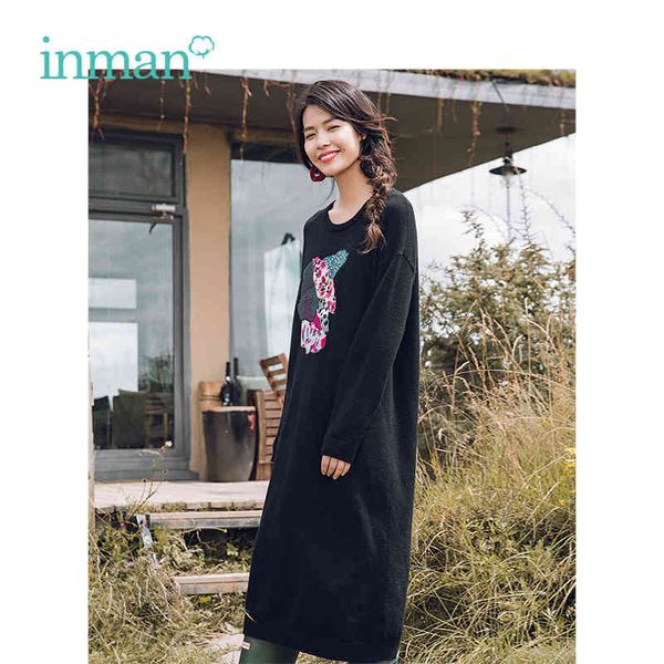 

dress winter round collar embroidery literary sleeve long section woolen woman dress r4nr, Black;gray