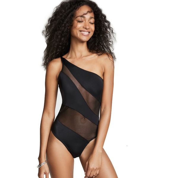 

2021 new one piece black mesh swimsuit women's solid swimsuit, White;black