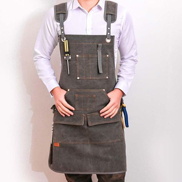

aprons fashion canvas kitchen cowhide real leather work shop apron with tool pockets cross-back straps adjustable for woman man
