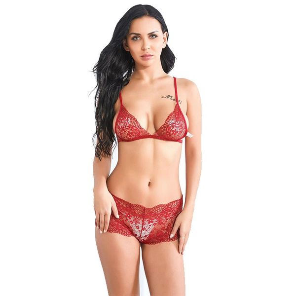 

bras fashion women's red net yarn perspective pattern three-point underwear two-piece suit european and american sexy, Red;black