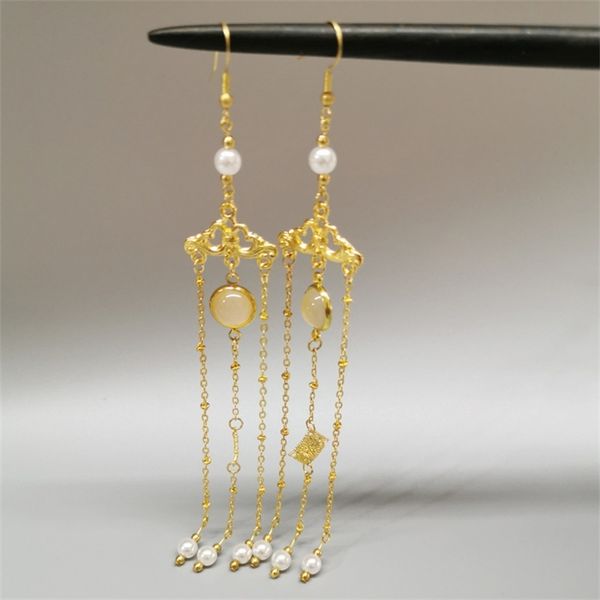 

tassel earhook classic hanfu accessories antique palace gold thread earrings, Black