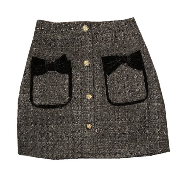

skirts chicatwill autumn winter sweet girls preppy style england french woman bow pockets plaid tweed ladies a-line bottom, Black