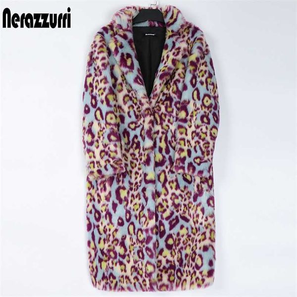 Nerazzurri Multicolor Longo Leopardo Impressão Faux Pele Casaco Mulheres Lapela Quente Womens Plus Size Modas Inverno Roupas 6XL 7XL 211110