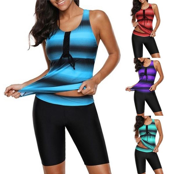 

one-piece suits women plus size 5xl tankini set push-up striped print two piece swimsuit conservative summer beach swimwear shorts