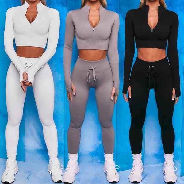 

yoga outfit 2pcs seamless set zipper long sleeve drawstring high waist leggings workout clothes for women sportwear