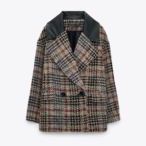 

women's suits & blazers za feminine autumn fashion double breasted tweed trellis blazer vintage long female sleeve outerwear chic xxjo, White;black