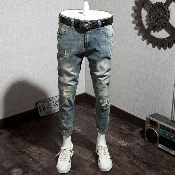 

trendy brand worn jeans men's washed cotton youth slim fit high quality, Blue