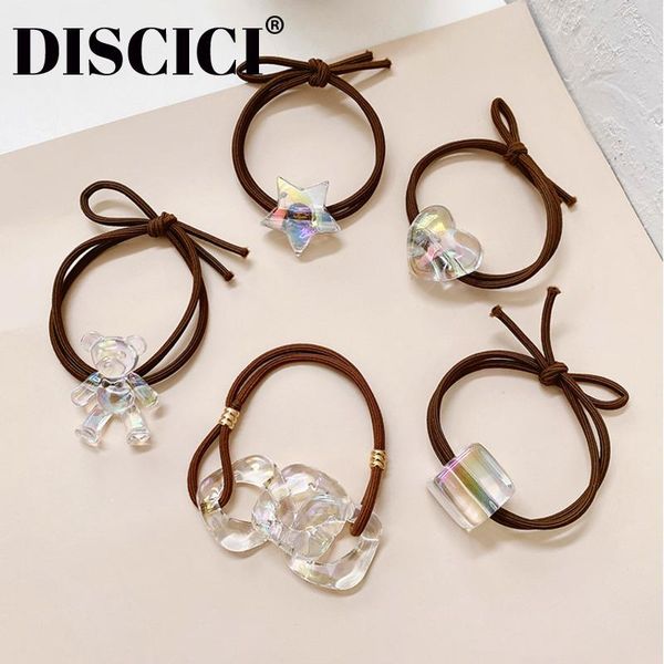 

bear high elastic hair rope for cute girl transparent heart rubber band sweet horsetail kids accessories, Slivery;white