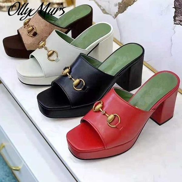 

70% off wholesale sandals flip-flops ollymurs new fashion womens platform slide slipper leather high block heel ankle strap summer sandal, Black