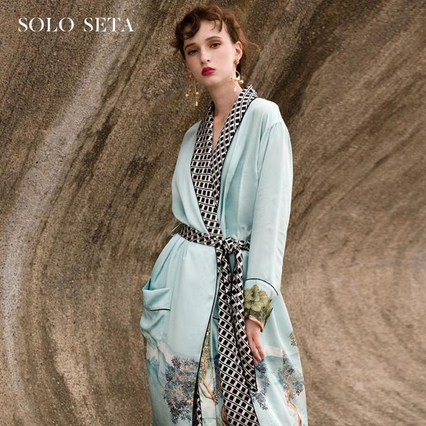 

soloseta heavy silk nightgown women's long 100% mulberry can be worn out for home wear pajamas lace up bathrobe sleepwear, Black;red