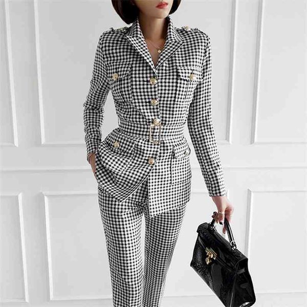 

autumn winter woman houndstooth sets two piece outfits matching pants casual single-breasted office waist suit 210520, White
