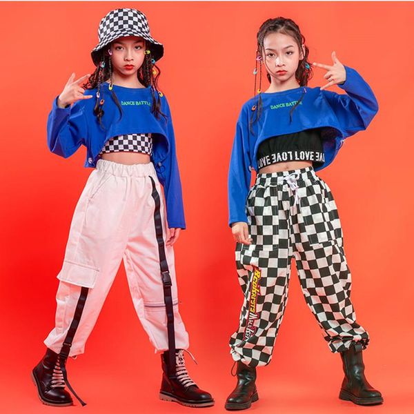 

clothing sets girls plaid crop sweatshirt joggers hip hop clothes kids tank cargo pants street dance wear child jazz dacewear costume, White