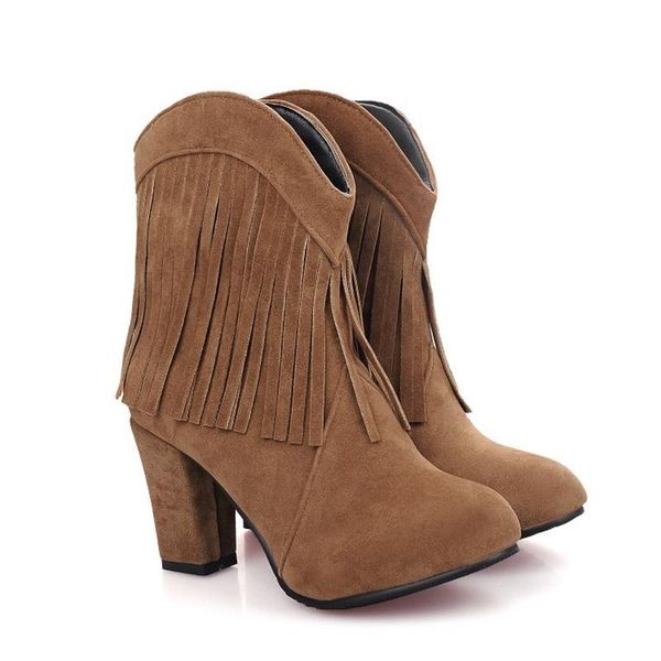 

boots elegant tassel short tube spring and autumn women's thick high heeled large, Black