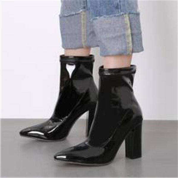 

boots 2021 pointed toe high heeled woman fashion thick heel patent leather ankle women's winter shoes black beige blue