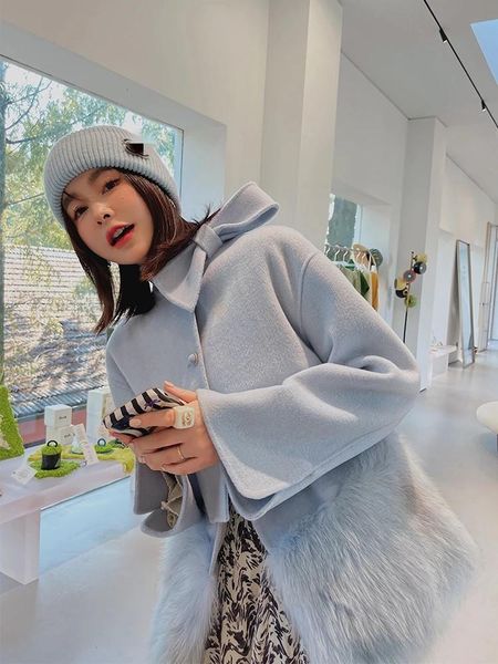 

women's wool & blends sky blue ladies luxuryturn down collar woolen coat women warm fur jackets casaco feminino ar01, Black