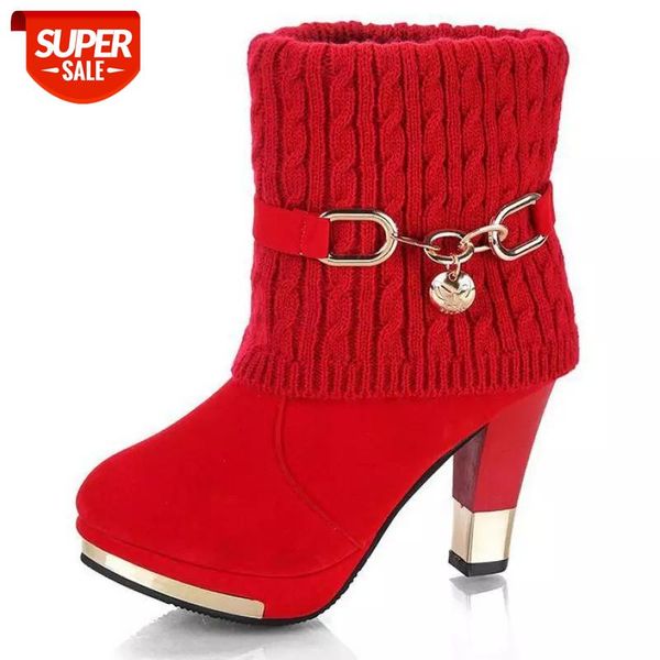 

winter women boots ankle boots high heels ladies shoes femme warm short red black shoes plus size 35-43 #d07h