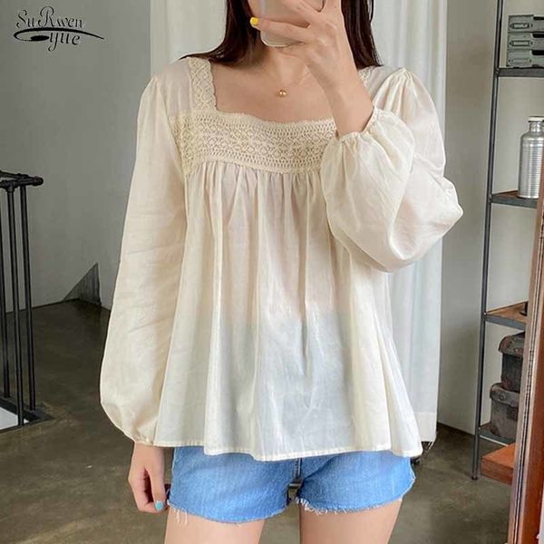 

lace square collar slim fit women splicing solid loose casual shirt pullover retro sweet long sleeve blouse blusas 11270 210508, White