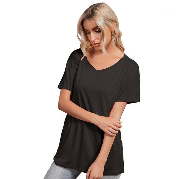 

women's t-shirt women summer solid round neck loose t-shirts casual short sleeve v-neck tees inner cloth, White