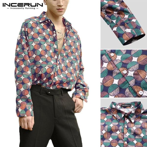 

men's casual shirts incerun geometric dot printed lapel collar mens street long sleeve vacation elegant button blouse camisa masculina, White;black