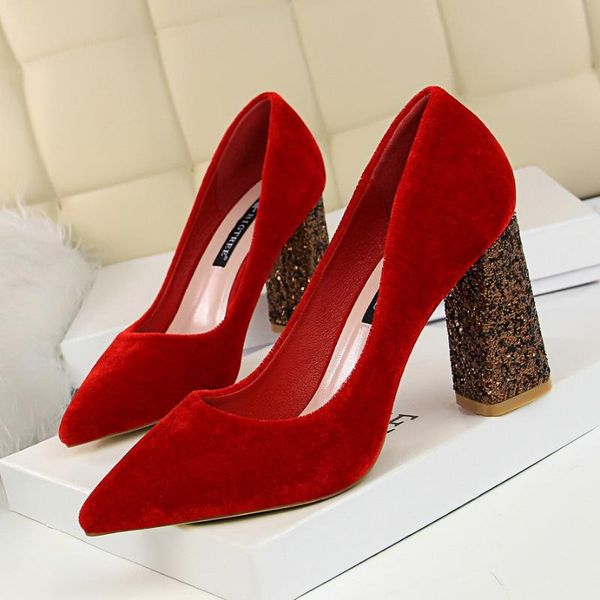 

dress shoes women pumps retro high 8.5cm thick heels 2108 woman female flock sequins, Black