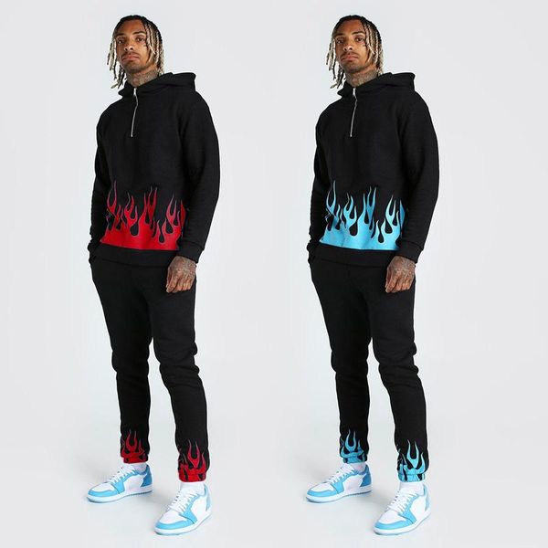 

men's tracksuits fashion flame print sets for men casual hoodies sweatshirt +sweatpants man gym 2 piece tracksuit jogging suits ropa ho, Gray