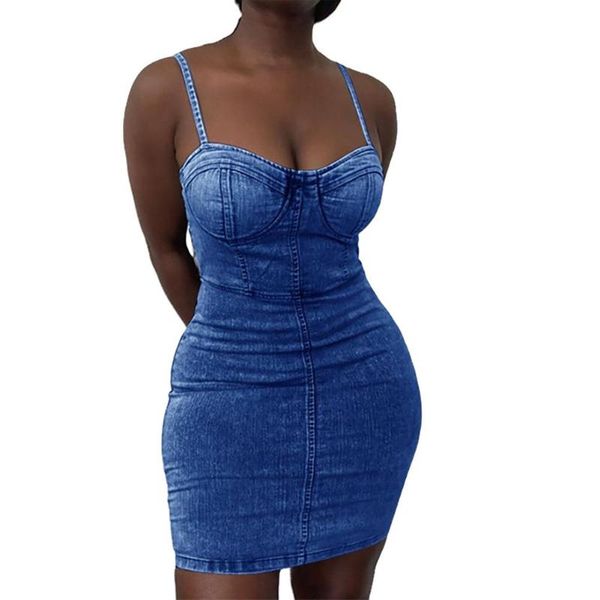 

casual dresses women denim dress solid spaghetti straps waist tight bodycon for streetwear patchwork sleeveless backless, Black;gray