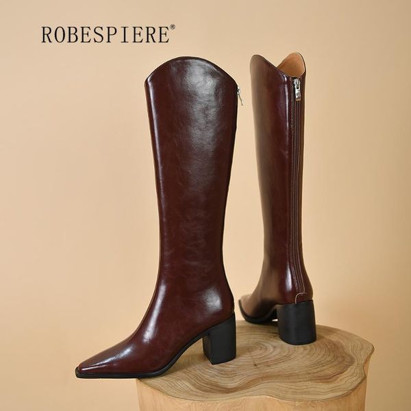 

boots robespiere-2021 winter leather knee-length retro fashion mid-heel women's pointed high-heel shoes-b284, Black